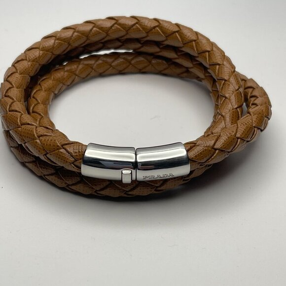 Prada Woven Saffiano Leather Triple Wrap Bracelet - Brown - Preowned - Picture 5 of 8